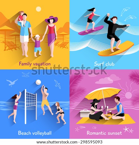 People on beach design concept with family vacation surf club flat icons isolated vector illustration