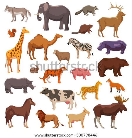 Big wild domestic and farm animals decorative icons set isolated vector illustration