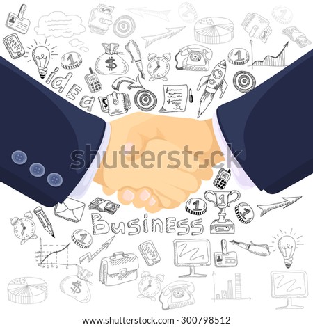 Successful business teamwork partnership concept black outlined icons composition with  prominent foreground handshake symbol abstract vector illustration