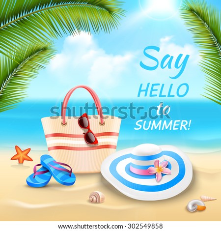 Summer vacation background with beach bag hat and flip-flops on sand realistic vector illustration