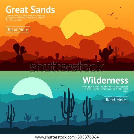 Desert horizontal banner set with cactus plants isolated vector illustration