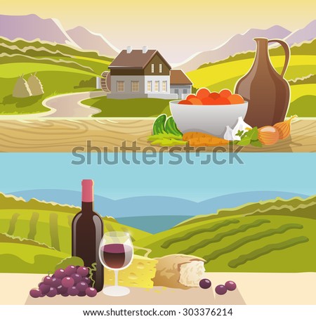 Mountain landscape horizontal banner set with wine and vegetables still life flat elements isolated vector illustration