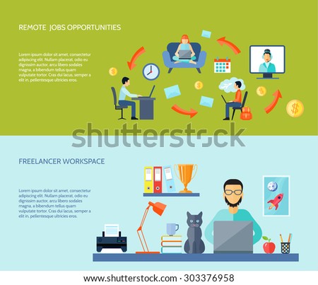 Freelancer workspace at home and remote jobs opportunites flat color horizontal banner set isolated vector illustration
