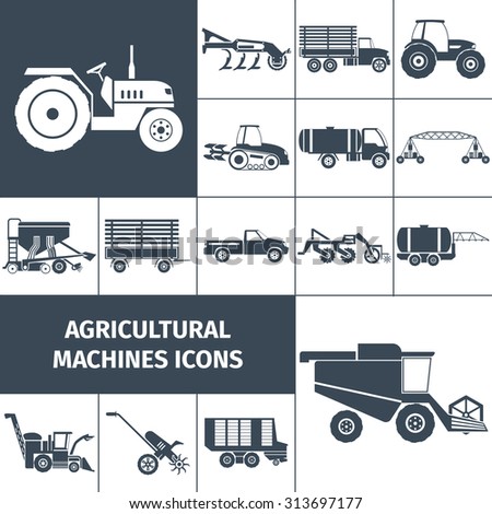 Agricultural machinery black white square icons set with farming equipment and transport flat isolated vector illustration