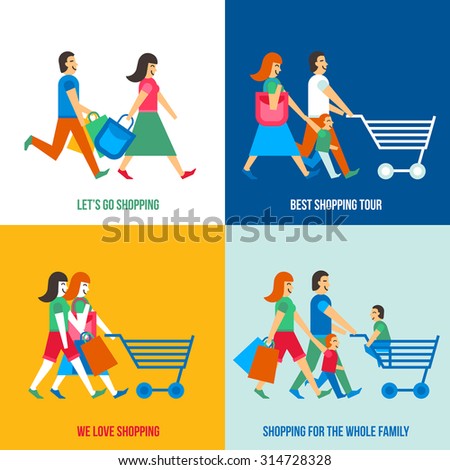 Shopping people design concept set with family in the mall flat isolated vector illustration