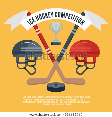 Winter sport season ice hockey competition award announcement flat banner with puck and sticks abstract vector illustration
