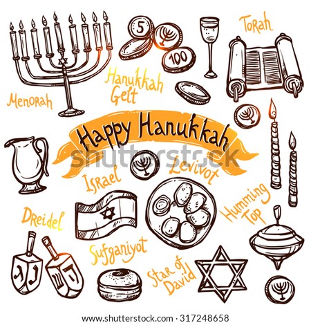 Hanukkah traditional jewish holiday doodle symbols set isolated vector illustration