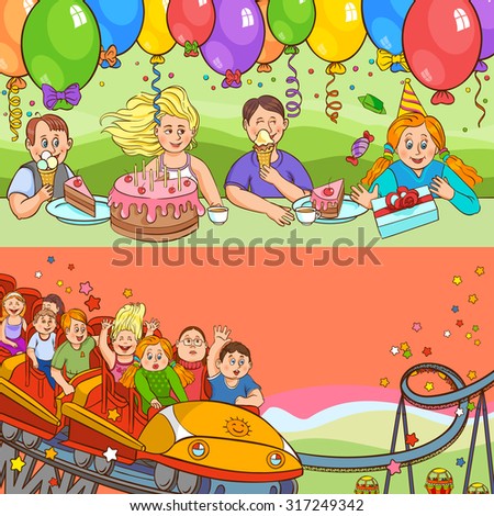 Child birthday holiday with cakes gifts balloons and attraction color cartoon horizontal banner set vector illustration