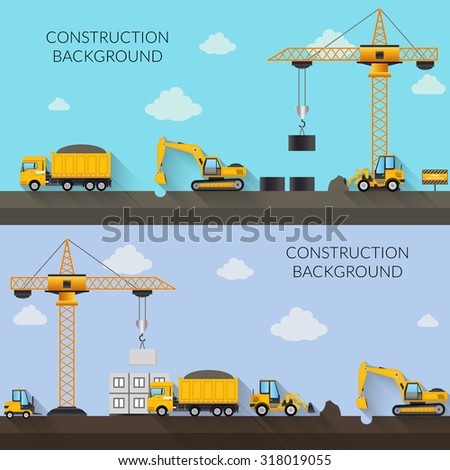 Construction background with cranes tractor trucks and industrial machinery  illustration