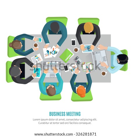 Business meeting and group discussion flat concept with men and women at squared office table vector illustration