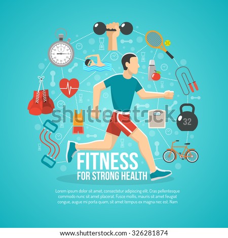 Fitness concept with running man and sports equipment vector illustration