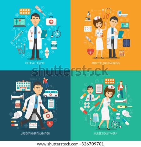 Medical care design concept set with analysis diagnostics and healthcare flat icons isolated vector illustration