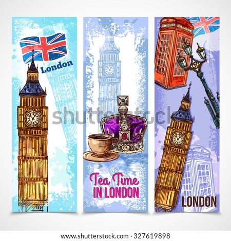 London vertical banner set with sketch tourist attraction symbols isolated  illustration