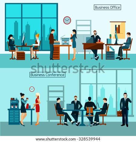 Office worker horizontal banner set with business conference isolated vector illustration
