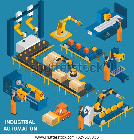 Isometric icons set with robotic machinery and  operators of  machine with control software  vector illustration