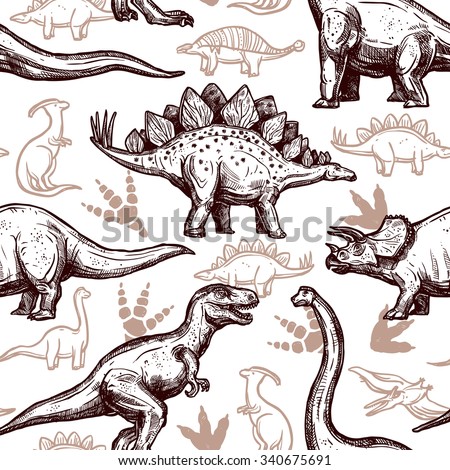 Prehistoric dinosaurs reptiles with footprints on background seamless wrap paper pattern two-color doodle style abstract vector illustration