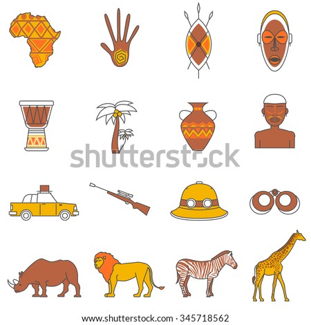 African safari animals flat outline icons set isolated vector illustration