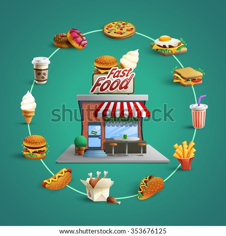 Fast food restaurant concept with circle flat pictograms of  french-fry hamburger and hotdog background poster abstract vector illustration