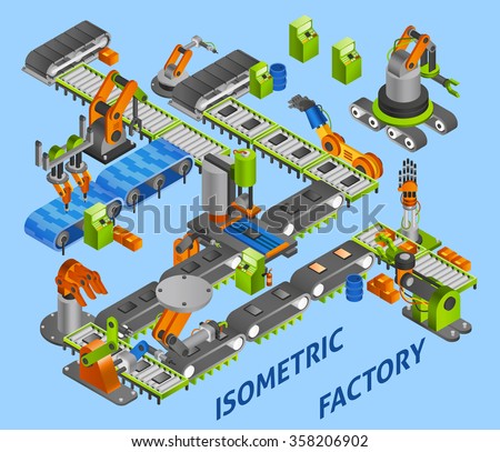 Industrial factory concept with isometric robots and machinery vector illustration
