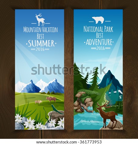 Landscape vertical banner set with summer mountain nature and animals isolated vector illustration