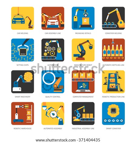 Industrial automated assembly line flat icons set with computer controlled manufacturing machinery robots abstract isolated vector illustration