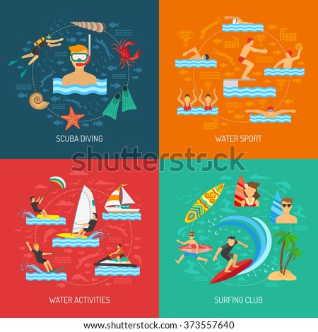 Water sport 2x2 flat design concept with people physical activity in scuba diving surfing and water games vector illustration