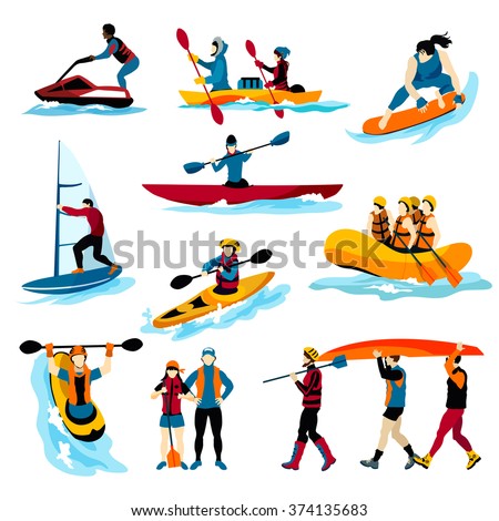 Extreme water sports flat color icons set with people in rafting surfing canoeing kayaking windsurfing isolated vector illustration