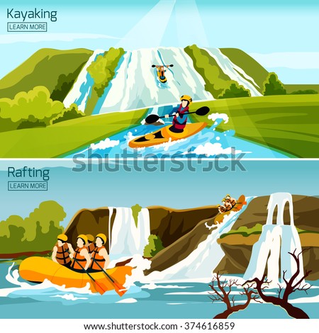 Two colorful active water sport compositions with people busy in rafting canoeing kayaking flat vector illustration