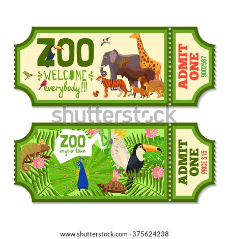Colorful zoo tickets with tropical plants exotic birds and african animals flat vector illustration