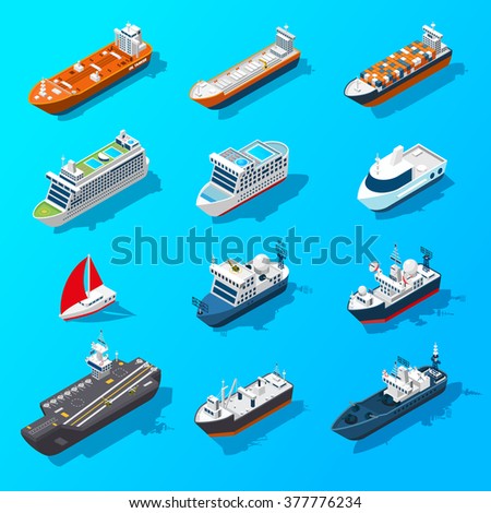 Ships motorboats sailing yachts and passenger vessels isometric icons set on water surface banner isolated vector illustration vector