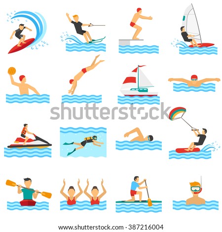 Flat decorative icons set of rowing swimming windsurfing waterpolo with people in water sport isolated vector illustration