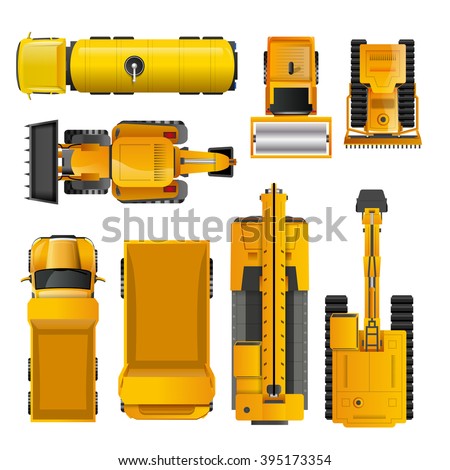 Set of yellow realistic construction machinery  top view isolated vector illustration