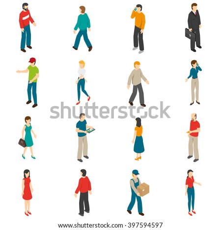 Isometric icons set of different people diverse by job education level sex clothes hairs isolated vector illustration