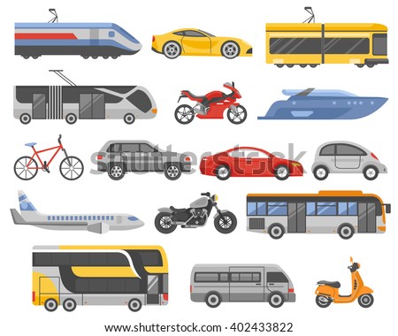 Transport decorative flat icons set with cars bus metro airplane train tram yacht motorcycle isolated vector illustration
