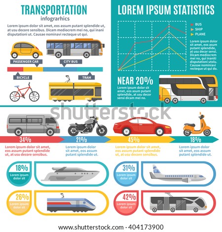 Individual and public transport infographics with bus tram train cars motorbike bicycle  graphs and statistics vector illustration