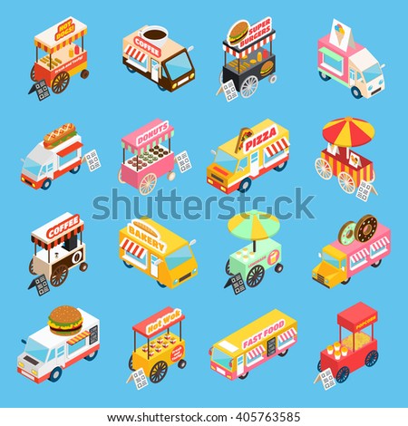 Street food trucks and carts selling hot dogs and wok dishes isometric icons set abstract isolated vector illustration