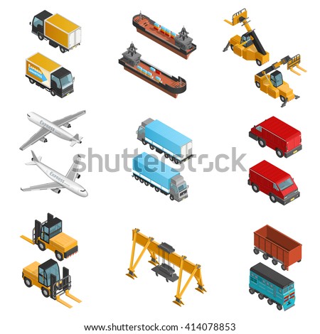 Isometric icons set of air land and water cargo transport vehicles with different loading machines isolated vector illustration