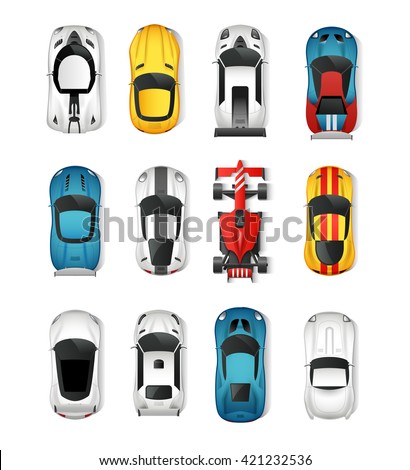 Sport Cars Top View Icons Set. Racing Cars Isolated Vector Illustration. Rally Cars Design Set. Sport Cars Cartoon Decorative Set.