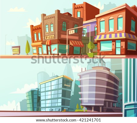 Modern and historical city districts street view day skyline 2 horizontal banners set cartoon isolated vector illustration