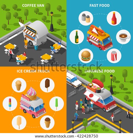 Street Food Isometric Concept. Street Food Car Icons Set. Street Food Cart Vector Illustration. Street Food Truck Symbols. Street Food Truck Design Set.  Street Food Van Elements Collection.