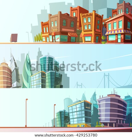 Modern and historical bay area street view day skyline 3 horizontal banners set cartoon isolated vector illustration