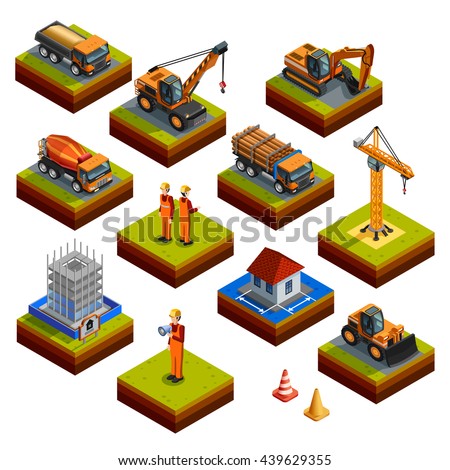 Construction isometric isolated icons with workers in helmets and uniforms building object crane bulldozer  truck concrete mixer and other vehicles isolated vector illustration