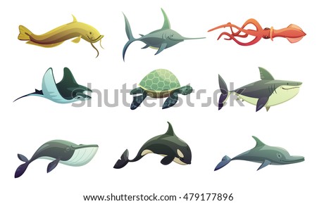 Ocean underwater animals cartoon retro characters set with stingray shark turtle swordfish and squid fish isolated vector illustration