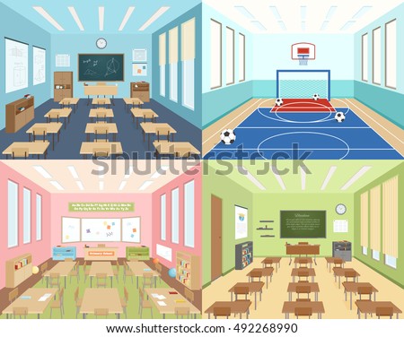 Isometric school 2x2 compositions presenting different classrooms for maths art and literature and sportroom vector illustration