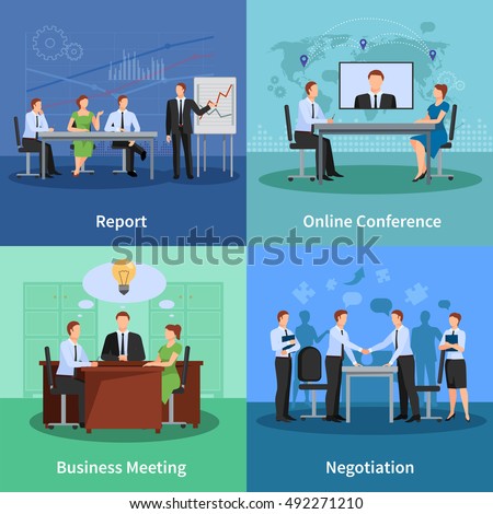 Business Meeting Concept. Conference Vector Illustration. Meeting Flat Icons Set. Conference Design Set. Business Conference Isolated Elements.