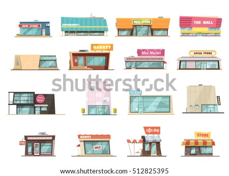 Shop building cartoon set with mini store symbols isolated vector illustration