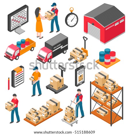 Logistics and delivery isometric icons set with warehouse workers boxes forklifts and cargo transport vector illustration