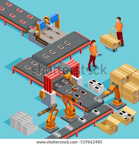 Automated factory assembly line with robotic arm and conveyor belt controlled manufacturing process isometric poster vector illustration