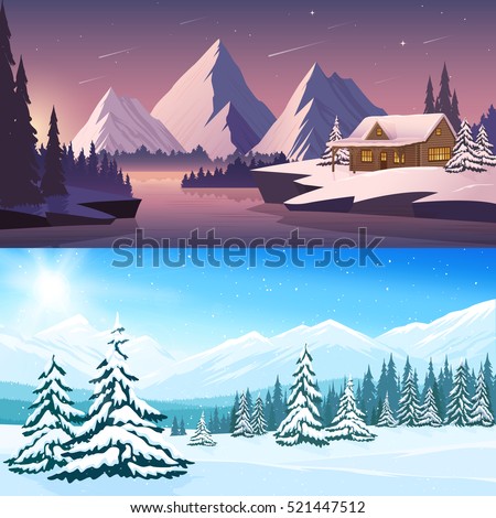 Winter landscape horizontal banners with house river mountains and trees in the day and night time vector illustration
