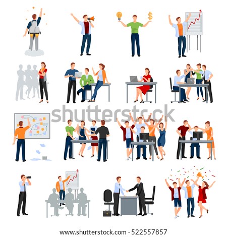 Business startup work moments flat icons collection with meeting planning presentation brainstorming teamwork and success isolated vector illustration